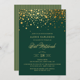 Faux Gold Foil Confetti Green Bat Mitzvah Kaart