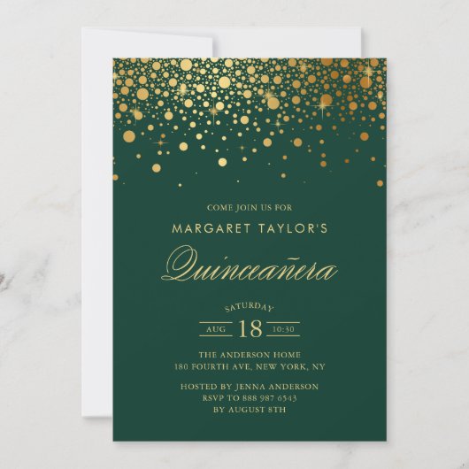 Faux Gold Foil Confetti Green Quinceañera Kaart (Voorkant)