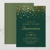 Faux Gold Foil Confetti Green Quinceañera Kaart (Voorkant / Achterkant)