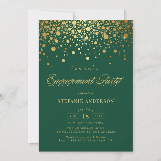 Faux Gold Foil Confetti Groen Verlovingsfeest Kaart (Voorkant)