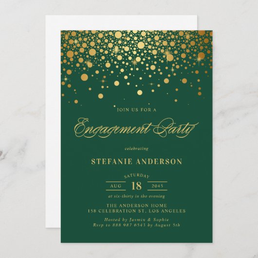 Faux Gold Foil Confetti Groen Verlovingsfeest Kaart (Voorkant / Achterkant)