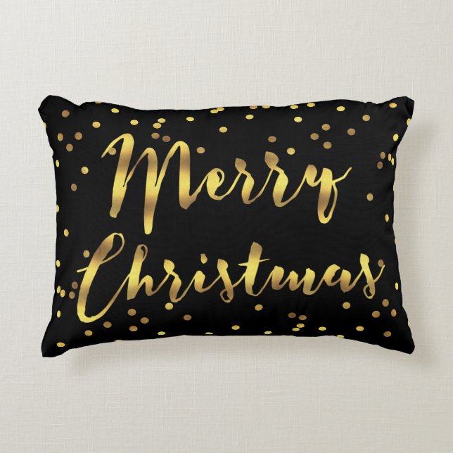 Faux Gold Foil Confetti Merry KerstBlack Decoratief Kussen (Voorkant)