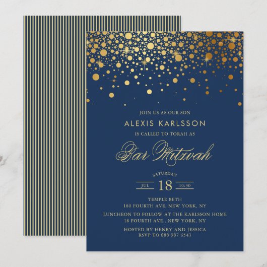 Faux Gold Foil Confetti Navy Blue Bar Mitzvah Kaart (Voorkant / Achterkant)