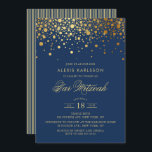 Faux Gold Foil Confetti Navy Blue Bar Mitzvah Kaart<br><div class="desc">Nodig familie en vrienden uit aan de Bar Mitzvah van uw zoon met deze elegante marineblauwe en gouduitnodiging. Het is voorzien van faux gouden confetti-stippen en strepen. Personaliseer door naam,  datum,  tijd,  plaats en andere gebeurtenisdetails toe te voegen. Overeenkomende objecten zijn beschikbaar.</div>