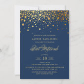 Faux Gold Foil Confetti Navy Blue Bat Mitzvah Kaart (Voorkant)