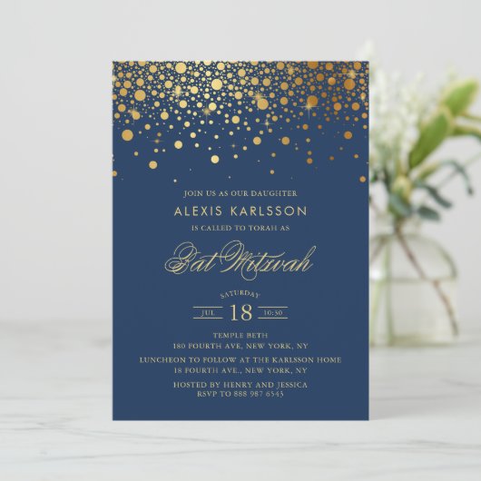 Faux Gold Foil Confetti Navy Blue Bat Mitzvah Kaart (Staand voorkant)