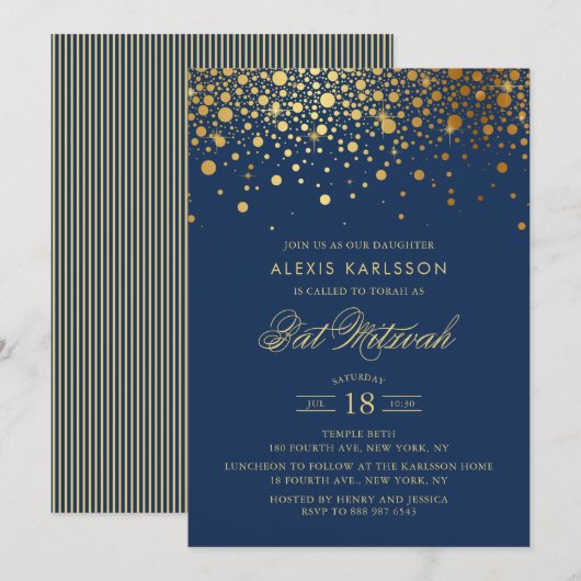 Faux Gold Foil Confetti Navy Blue Bat Mitzvah Kaart (Voorkant / Achterkant)