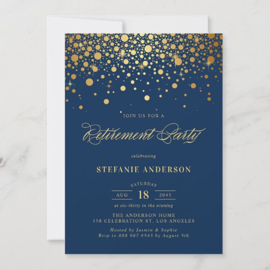 Faux Gold Foil Confetti Navy Blue Pensioenfeest Kaart (Voorkant)