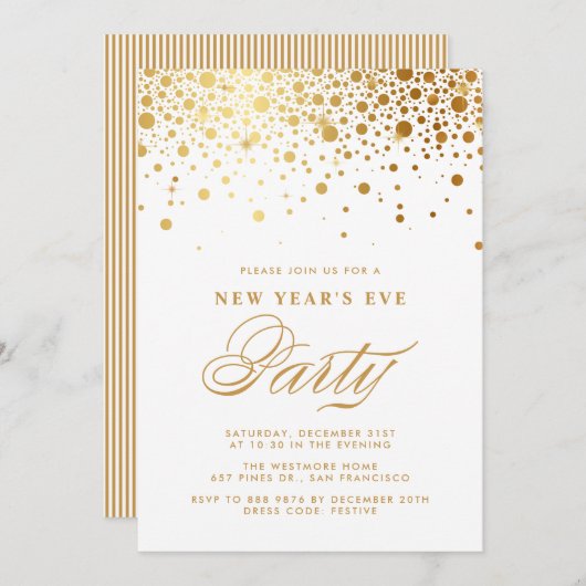 Faux Gold Foil Confetti New Year's Eve Party Kaart (Voorkant / Achterkant)