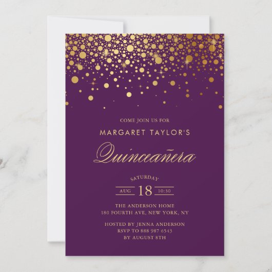Faux Gold Foil Confetti Paars Quinceañera Kaart (Voorkant)