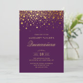 Faux Gold Foil Confetti Paars Quinceañera Kaart (Staand voorkant)