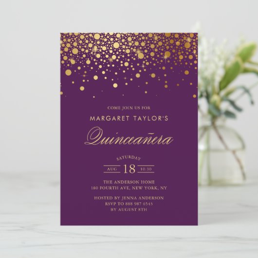 Faux Gold Foil Confetti Paars Quinceañera Kaart (Staand voorkant)