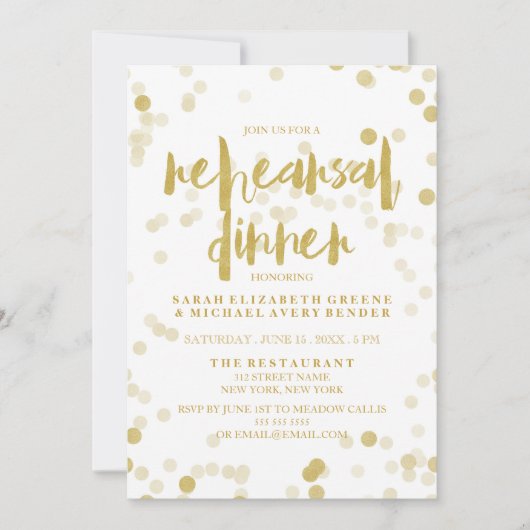 Faux Gold Foil Confetti Rehearsal Dinner Invite Kaart (Voorkant)