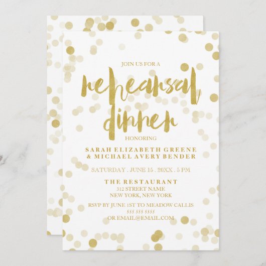 Faux Gold Foil Confetti Rehearsal Dinner Invite Kaart (Voorkant / Achterkant)