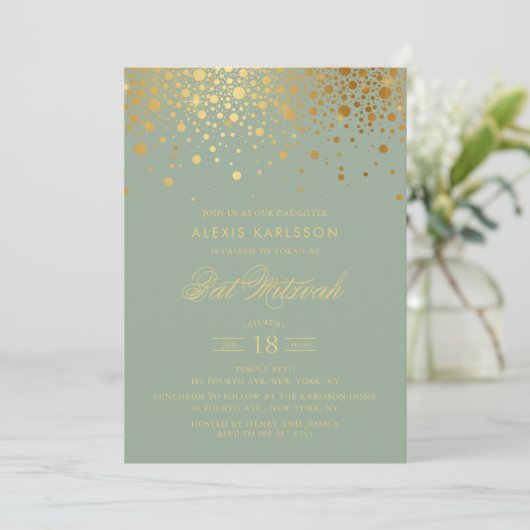 Faux Gold Foil Confetti Sage Groene vleermuis Mitz Kaart (Staand voorkant)