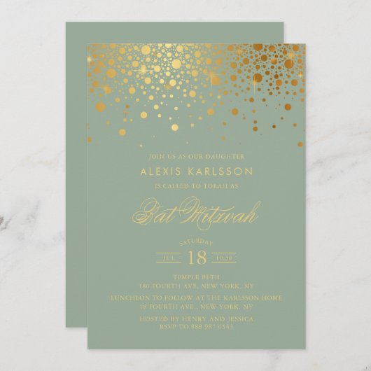 Faux Gold Foil Confetti Sage Groene vleermuis Mitz Kaart (Voorkant / Achterkant)
