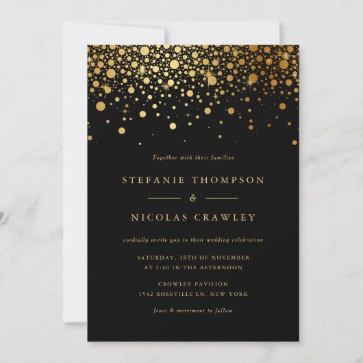 Faux Gold Foil Confetti Stippen Black Wedding Kaart (Voorkant)