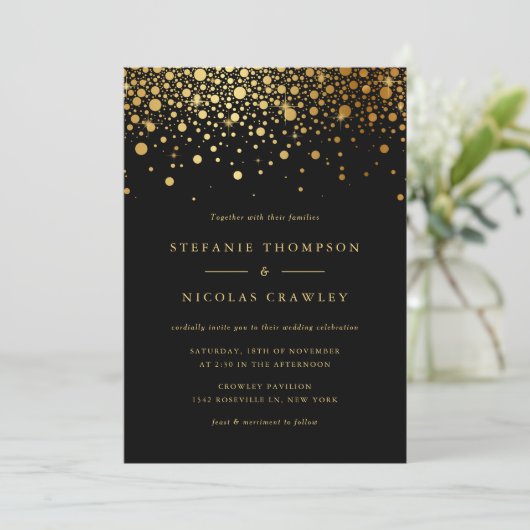 Faux Gold Foil Confetti Stippen Black Wedding Kaart (Staand voorkant)