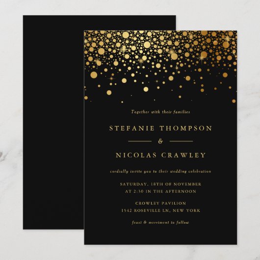 Faux Gold Foil Confetti Stippen Black Wedding Kaart (Voorkant / Achterkant)
