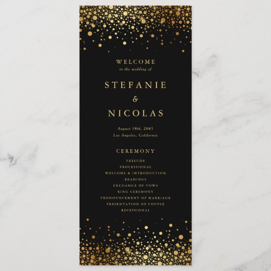 Faux Gold Foil Confetti Stippen Black Wedding Programmakaart (Voorkant)