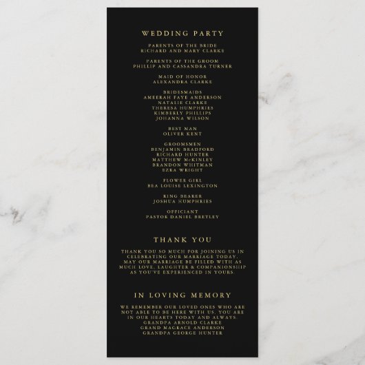Faux Gold Foil Confetti Stippen Black Wedding Programmakaart (Achterkant)