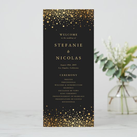 Faux Gold Foil Confetti Stippen Black Wedding Programmakaart (Staand voorkant)