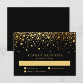 Faux Gold Foil Confetti Stippen Black Wedding RSVP Kaartje (Voorkant / Achterkant)