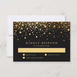 Faux Gold Foil Confetti Stippen Black Wedding RSVP Kaartje