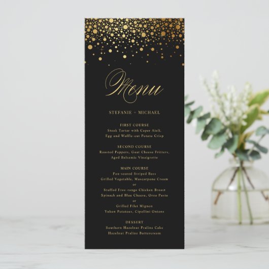 Faux Gold Foil Confetti Stippen Black Weduwmenu Menu (Staand voorkant)