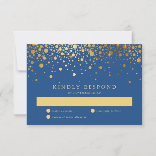 Faux Gold Foil Confetti Stippen Blue RSVP Card (Voorkant)