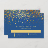 Faux Gold Foil Confetti Stippen Blue RSVP Card (Voorkant / Achterkant)