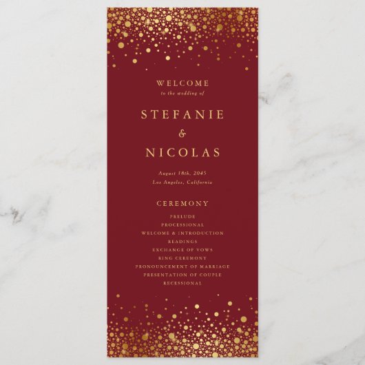 Faux Gold Foil Confetti Stippen Bourgondië bruilof Programmakaart (Voorkant)