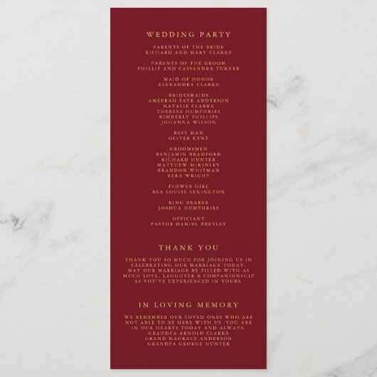 Faux Gold Foil Confetti Stippen Bourgondië bruilof Programmakaart (Achterkant)