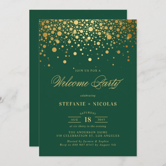 Faux Gold Foil Confetti Stippen Groen Welkomstfees Kaart (Voorkant / Achterkant)