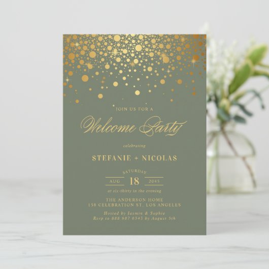 Faux Gold Foil Confetti Stippen Groen Welkomstfees Kaart (Staand voorkant)