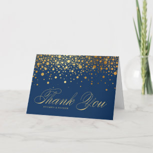 Faux Gold Foil Confetti Stippen Navy Blue Bruiloft Bedankkaart