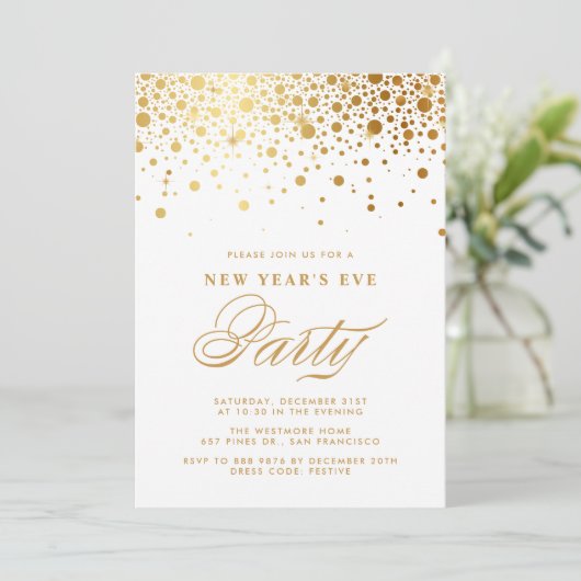 Faux Gold Foil Confetti Stippen Nieuwjaarsfeest Kaart (Staand voorkant)
