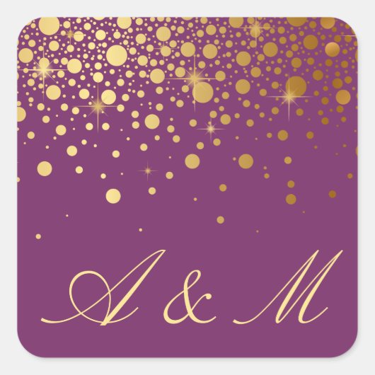 Faux Gold Foil Confetti Stippen Paars monogram Vierkante Sticker (Voorkant)