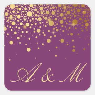 Faux Gold Foil Confetti Stippen Paars monogram Vierkante Sticker