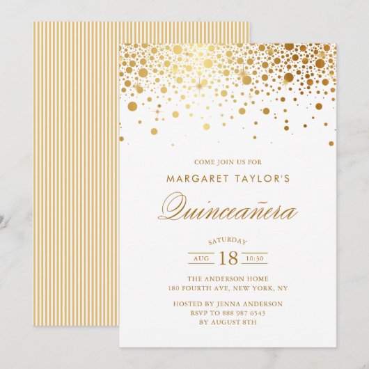 Faux Gold Foil Confetti Stippen Quinceañera Kaart (Voorkant / Achterkant)