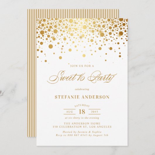 Faux Gold Foil Confetti Stippen Sweet 16 Party Kaart (Voorkant / Achterkant)