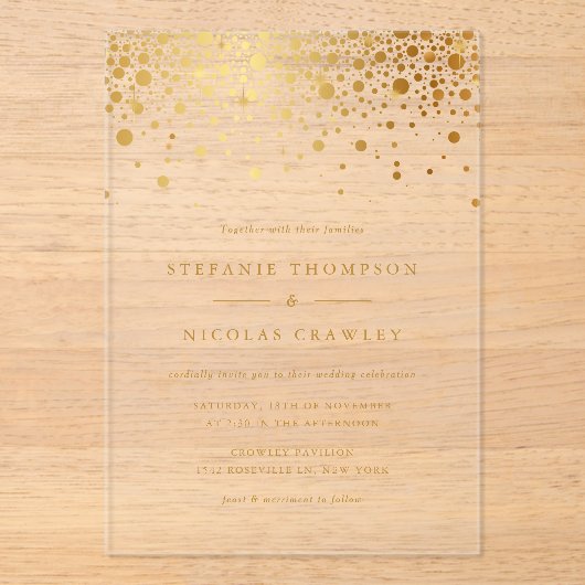 Faux Gold Foil Confetti Stippen Weddenschap Acryl Uitnodigingen (Voorkant)
