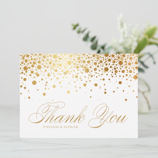 Faux Gold Foil Confetti Stippen Weddenschap Bedankkaart (Staand voorkant)