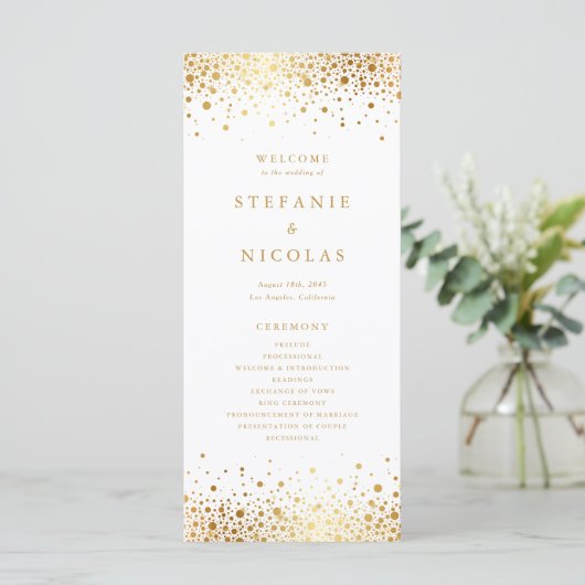 Faux Gold Foil Confetti Stippen Weddenschap Programmakaart (Staand voorkant)