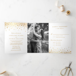 Faux Gold Foil Confetti Stippen White Wedding Drieluik Uitnodiging