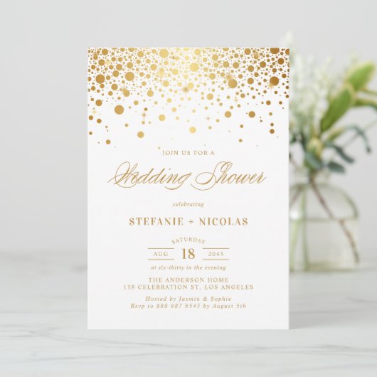 Faux Gold Foil Confetti Stippen Wit Trouwdouche Kaart (Staand voorkant)
