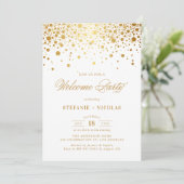 Faux Gold Foil Confetti Stippen Wit Welkomstfeest Kaart (Staand voorkant)