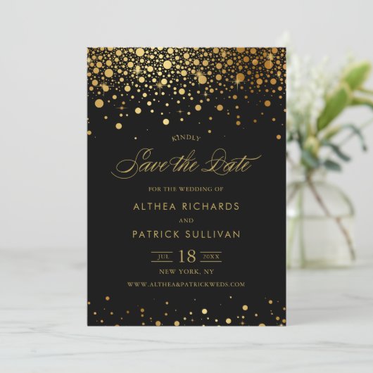 Faux Gold Foil Confetti Stippen | Zwart sparen de  Save The Date (Staand voorkant)