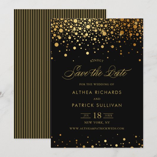 Faux Gold Foil Confetti Stippen | Zwart sparen de  Save The Date (Voorkant / Achterkant)