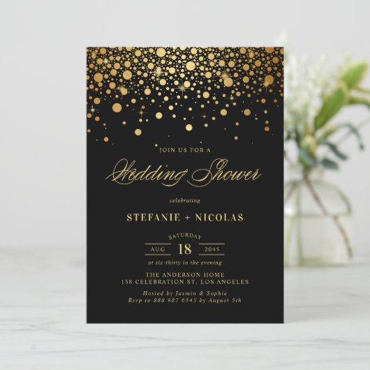 Faux Gold Foil Confetti Stippen Zwart Trouwdouche Kaart (Staand voorkant)